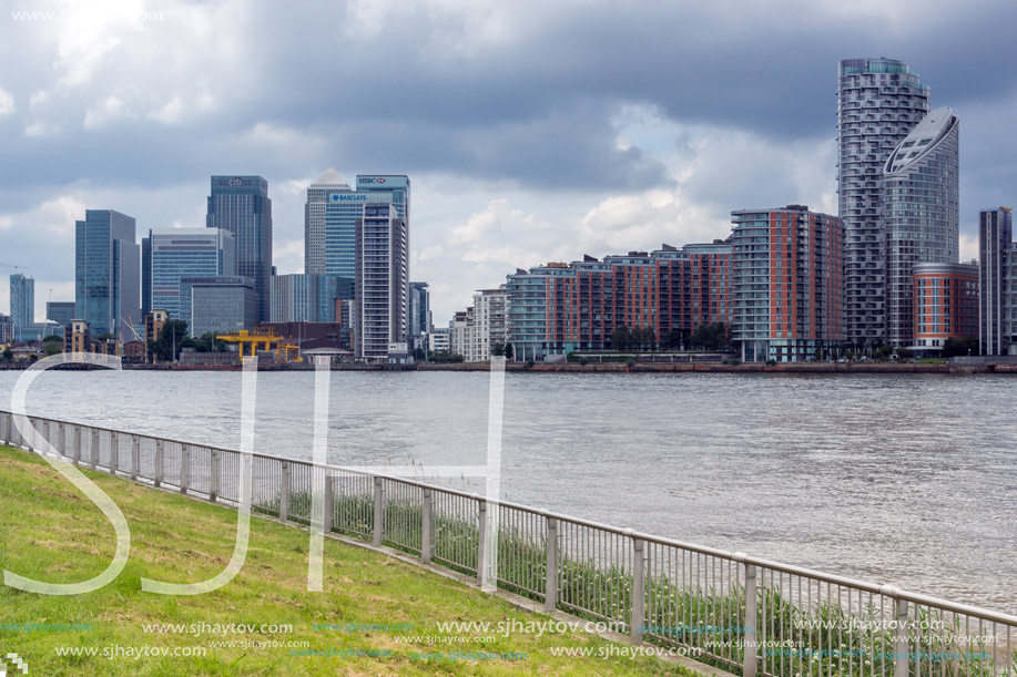 LONDON, ENGLAND - JUNE 17, 2016: Canary Wharf view from Greenwich, London, England, Great Britain