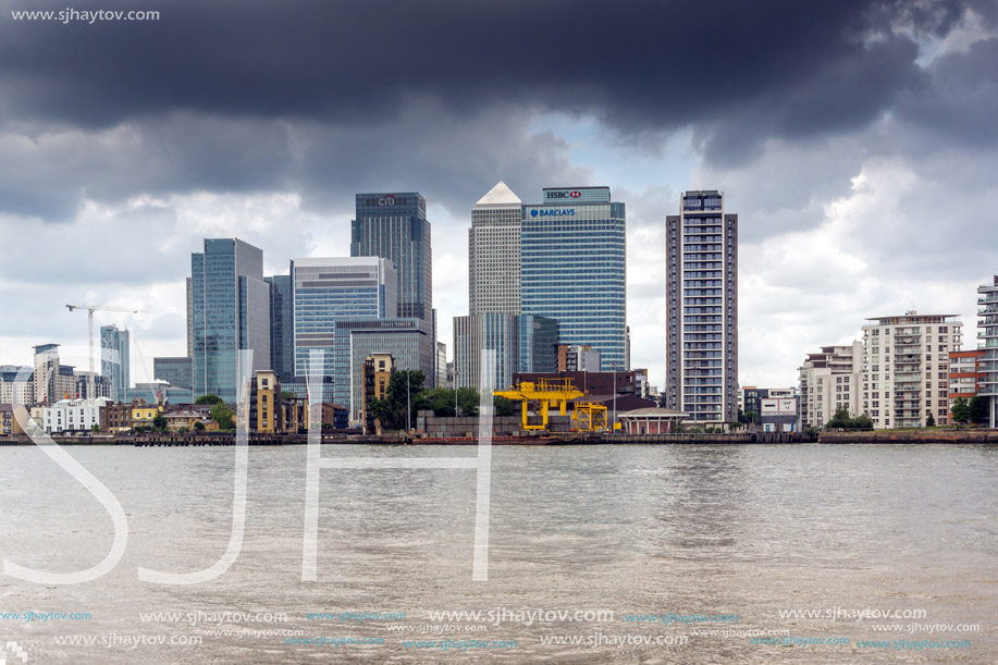 LONDON, ENGLAND - JUNE 17, 2016: Canary Wharf view from Greenwich, London, England, Great Britain