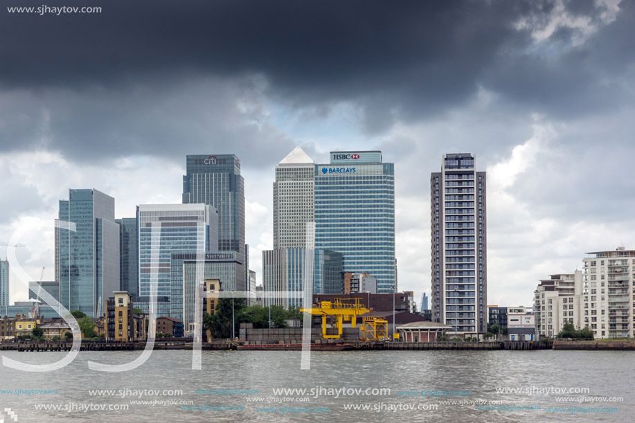 LONDON, ENGLAND - JUNE 17, 2016: Canary Wharf view from Greenwich, London, England, Great Britain