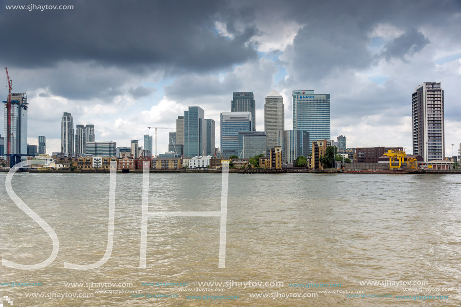 LONDON, ENGLAND - JUNE 17, 2016: Canary Wharf view from Greenwich, London, England, Great Britain