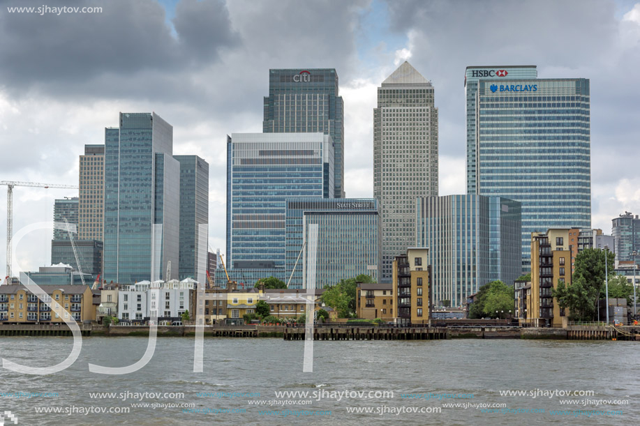 LONDON, ENGLAND - JUNE 17, 2016: Canary Wharf view from Greenwich, London, England, Great Britain