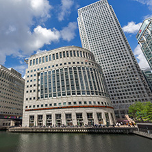 LONDON, ENGLAND - JUNE 17, 2016: Business building and skyscraper in Canary Wharf, London, England, Great Britain