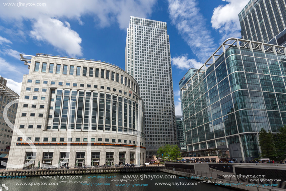 LONDON, ENGLAND - JUNE 17, 2016: Business building and skyscraper in Canary Wharf, London, England, Great Britain