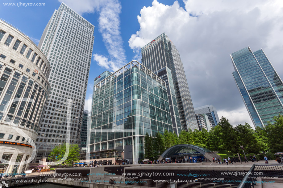 LONDON, ENGLAND - JUNE 17, 2016: Business building and skyscraper in Canary Wharf, London, England, Great Britain