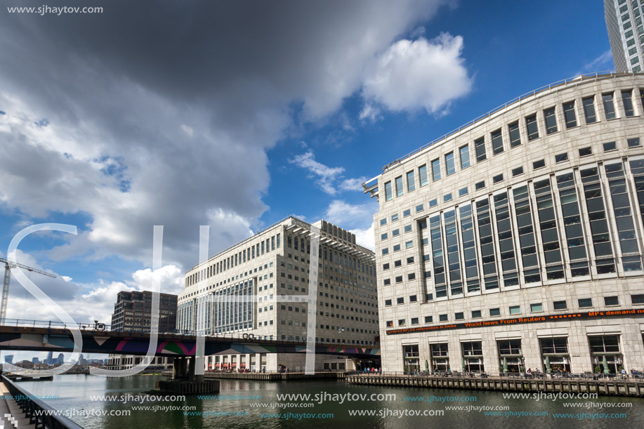 LONDON, ENGLAND - JUNE 17, 2016: Business building and skyscraper in Canary Wharf, London, England, Great Britain