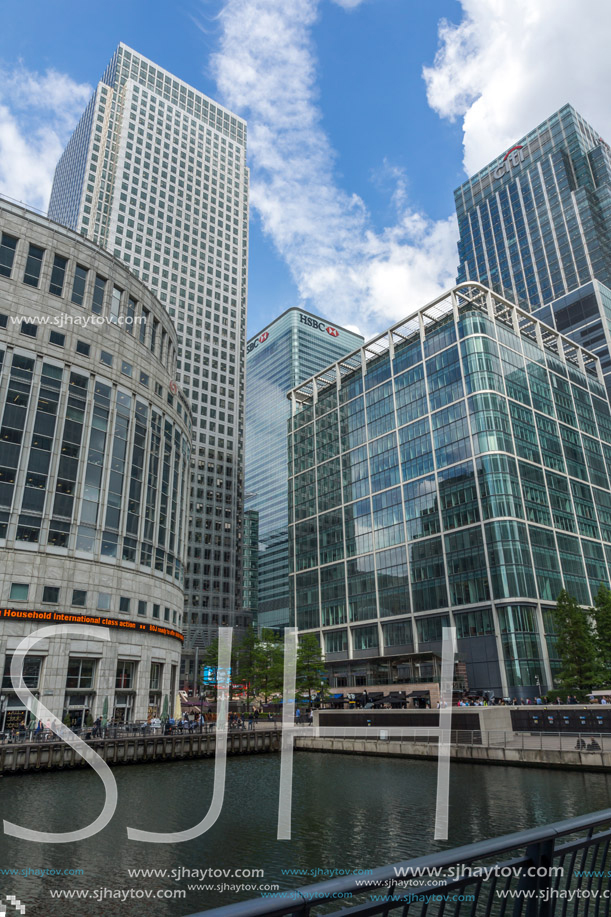 LONDON, ENGLAND - JUNE 17, 2016: Business building and skyscraper in Canary Wharf, London, England, Great Britain