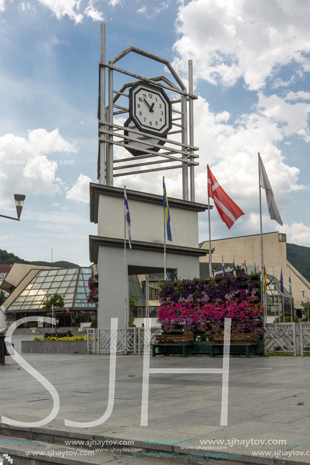 STRUMICA, MACEDONIA - JUNE 21, 2018: Clock Tower at the central square of town of Strumica, Republic of Macedonia