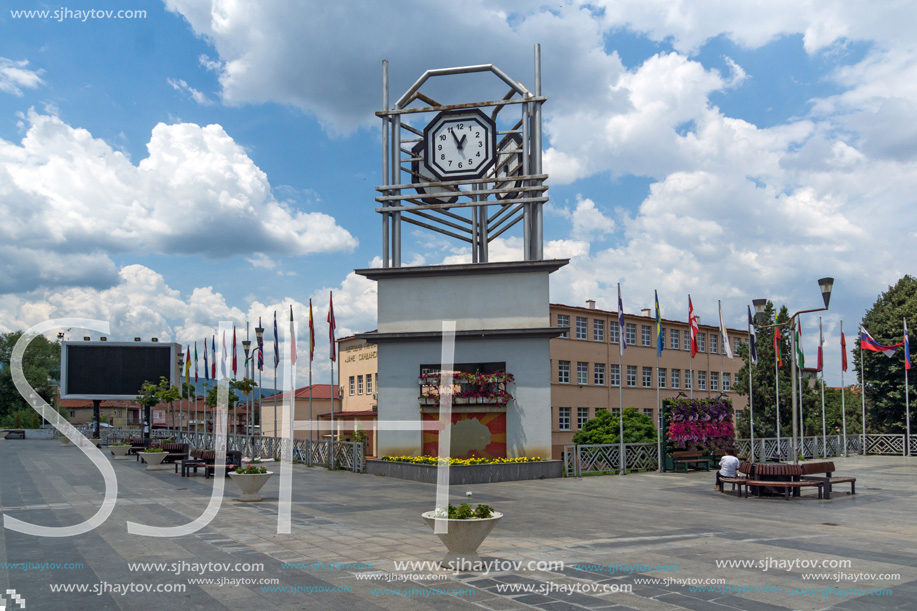 STRUMICA, MACEDONIA - JUNE 21, 2018: Clock Tower at the central square of town of Strumica, Republic of Macedonia