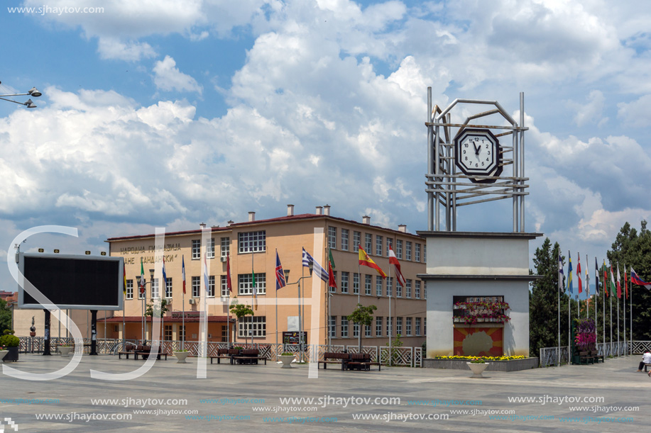 STRUMICA, MACEDONIA - JUNE 21, 2018: Clock Tower at the central square of town of Strumica, Republic of Macedonia