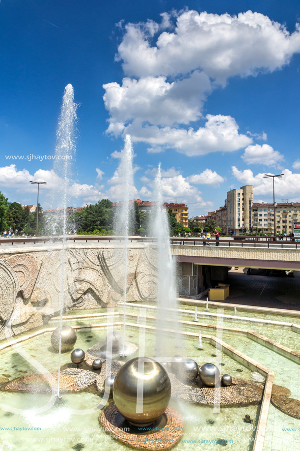 SOFIA, BULGARIA -MAY 20, 2018: Fountains in front of  National Palace of Culture in Sofia, Bulgaria