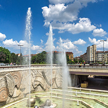 SOFIA, BULGARIA -MAY 20, 2018: Fountains in front of  National Palace of Culture in Sofia, Bulgaria