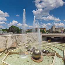 SOFIA, BULGARIA -MAY 20, 2018: Fountains in front of  National Palace of Culture in Sofia, Bulgaria