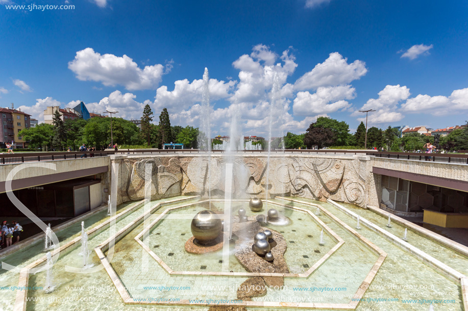 SOFIA, BULGARIA -MAY 20, 2018: Fountains in front of  National Palace of Culture in Sofia, Bulgaria