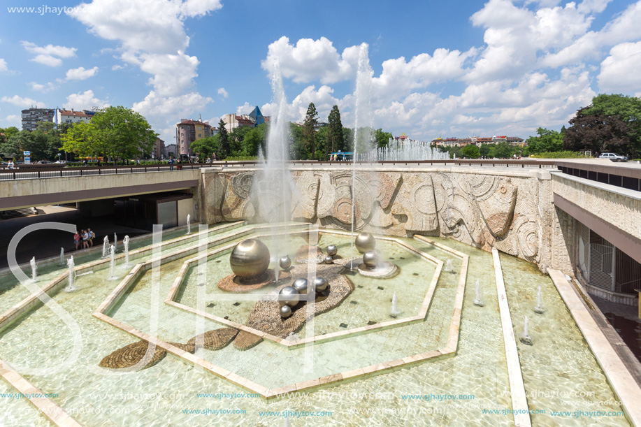 SOFIA, BULGARIA -MAY 20, 2018: Fountains in front of  National Palace of Culture in Sofia, Bulgaria