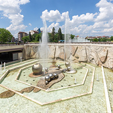 SOFIA, BULGARIA -MAY 20, 2018: Fountains in front of  National Palace of Culture in Sofia, Bulgaria