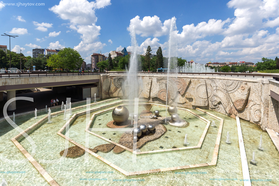 SOFIA, BULGARIA -MAY 20, 2018: Fountains in front of  National Palace of Culture in Sofia, Bulgaria