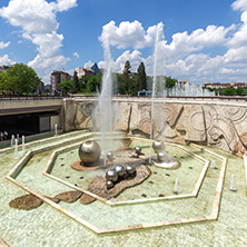 SOFIA, BULGARIA -MAY 20, 2018: Fountains in front of  National Palace of Culture in Sofia, Bulgaria