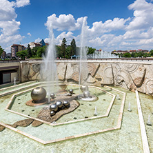 SOFIA, BULGARIA -MAY 20, 2018: Fountains in front of  National Palace of Culture in Sofia, Bulgaria