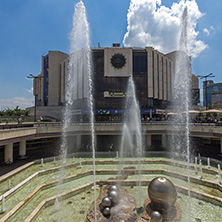 SOFIA, BULGARIA -MAY 20, 2018: Fountains in front of  National Palace of Culture in Sofia, Bulgaria