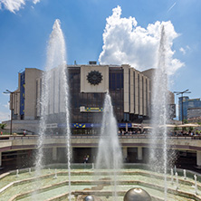 SOFIA, BULGARIA -MAY 20, 2018: Fountains in front of  National Palace of Culture in Sofia, Bulgaria