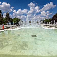 SOFIA, BULGARIA -MAY 20, 2018: Fountains in front of  National Palace of Culture in Sofia, Bulgaria