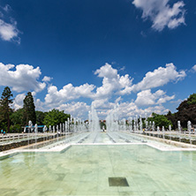 SOFIA, BULGARIA -MAY 20, 2018: Fountains in front of  National Palace of Culture in Sofia, Bulgaria