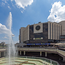 SOFIA, BULGARIA -MAY 20, 2018: Fountains in front of  National Palace of Culture in Sofia, Bulgaria