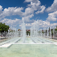 SOFIA, BULGARIA -MAY 20, 2018: Fountains in front of  National Palace of Culture in Sofia, Bulgaria