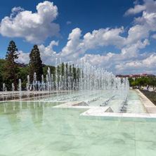 SOFIA, BULGARIA -MAY 20, 2018: Fountains in front of  National Palace of Culture in Sofia, Bulgaria