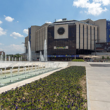 SOFIA, BULGARIA -MAY 20, 2018: Fountains in front of  National Palace of Culture in Sofia, Bulgaria