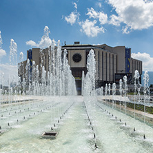 SOFIA, BULGARIA -MAY 20, 2018: Fountains in front of  National Palace of Culture in Sofia, Bulgaria