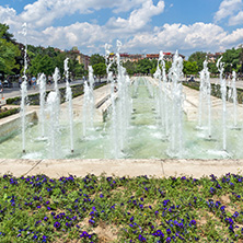 SOFIA, BULGARIA -MAY 20, 2018: Fountains in front of  National Palace of Culture in Sofia, Bulgaria