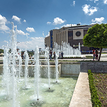 SOFIA, BULGARIA -MAY 20, 2018: Fountains in front of  National Palace of Culture in Sofia, Bulgaria