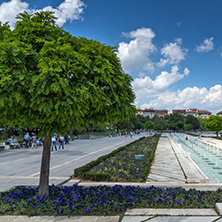 SOFIA, BULGARIA -MAY 20, 2018: Fountains in front of  National Palace of Culture in Sofia, Bulgaria