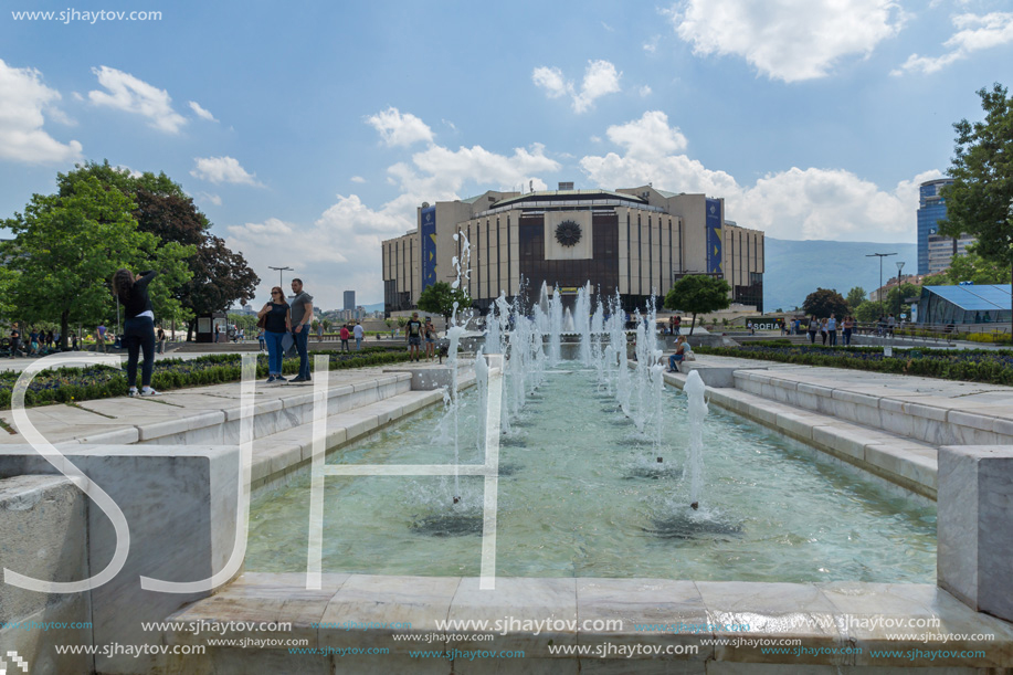 SOFIA, BULGARIA -MAY 20, 2018: Fountains in front of  National Palace of Culture in Sofia, Bulgaria