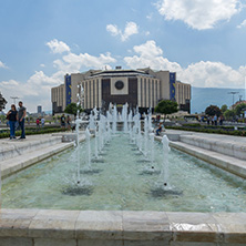 SOFIA, BULGARIA -MAY 20, 2018: Fountains in front of  National Palace of Culture in Sofia, Bulgaria