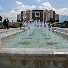 SOFIA, BULGARIA -MAY 20, 2018: Fountains in front of  National Palace of Culture in Sofia, Bulgaria