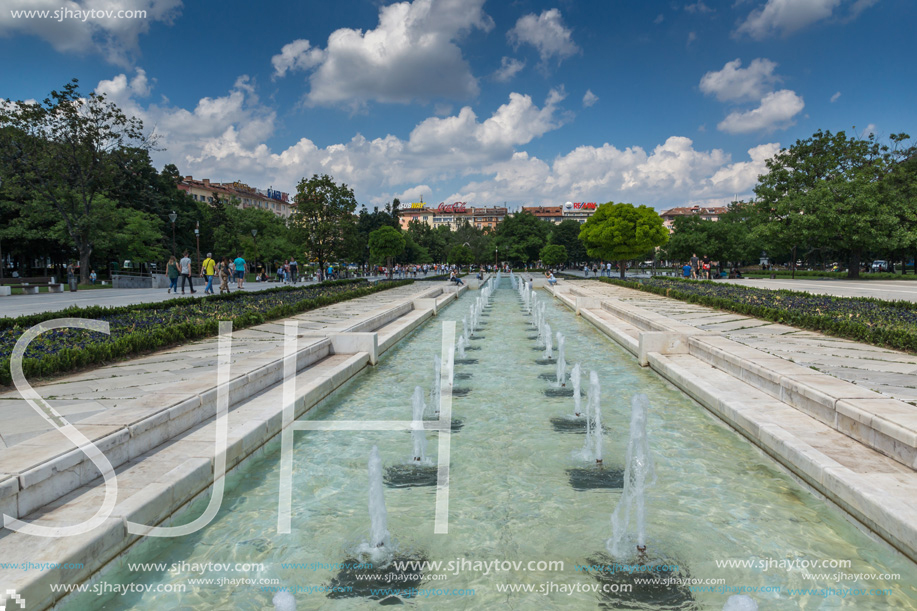 SOFIA, BULGARIA -MAY 20, 2018: Fountains in front of  National Palace of Culture in Sofia, Bulgaria