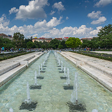 SOFIA, BULGARIA -MAY 20, 2018: Fountains in front of  National Palace of Culture in Sofia, Bulgaria