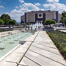 SOFIA, BULGARIA -MAY 20, 2018: Fountains in front of  National Palace of Culture in Sofia, Bulgaria