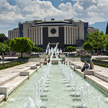 SOFIA, BULGARIA -MAY 20, 2018: Fountains in front of  National Palace of Culture in Sofia, Bulgaria