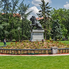 SOFIA, BULGARIA -MAY 20, 2018: Memorial of First and Sixth Infantry Regiment in park in front of  National Palace of Culture in Sofia, Bulgaria