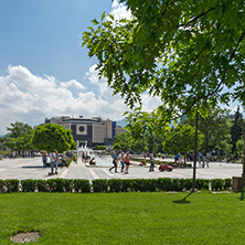 SOFIA, BULGARIA -MAY 20, 2018: Fountains in front of  National Palace of Culture in Sofia, Bulgaria