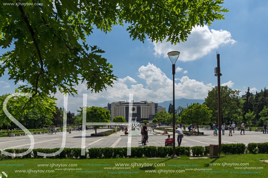 SOFIA, BULGARIA -MAY 20, 2018: Fountains in front of  National Palace of Culture in Sofia, Bulgaria
