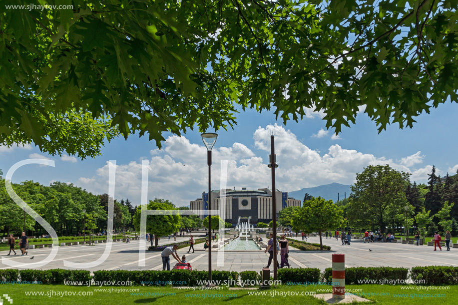 SOFIA, BULGARIA -MAY 20, 2018: Fountains in front of  National Palace of Culture in Sofia, Bulgaria