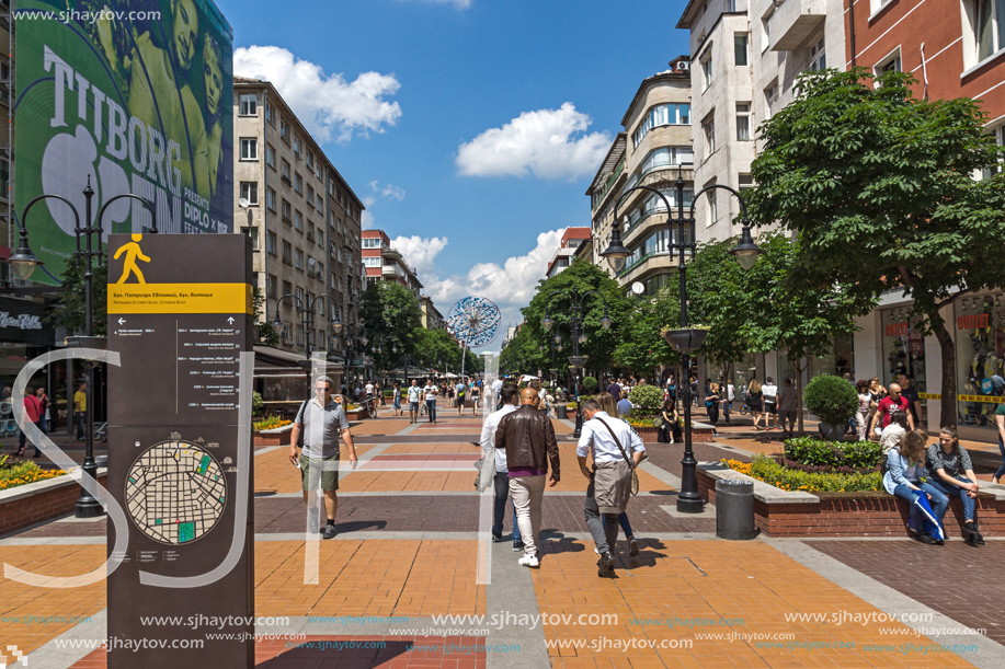 SOFIA, BULGARIA -MAY 20, 2018:  Walking people on Boulevard Vitosha in city of Sofia, Bulgaria