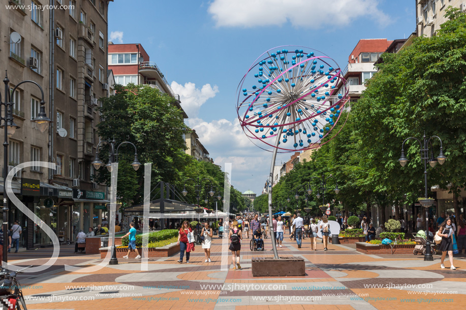 SOFIA, BULGARIA -MAY 20, 2018:  Walking people on Boulevard Vitosha in city of Sofia, Bulgaria