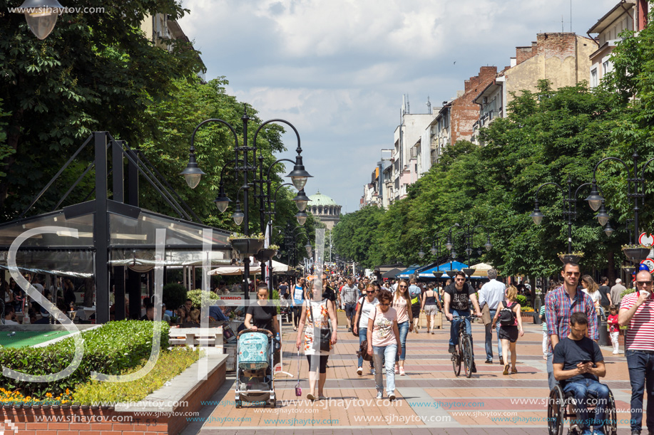 SOFIA, BULGARIA -MAY 20, 2018:  Walking people on Boulevard Vitosha in city of Sofia, Bulgaria