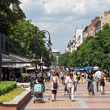 SOFIA, BULGARIA -MAY 20, 2018:  Walking people on Boulevard Vitosha in city of Sofia, Bulgaria