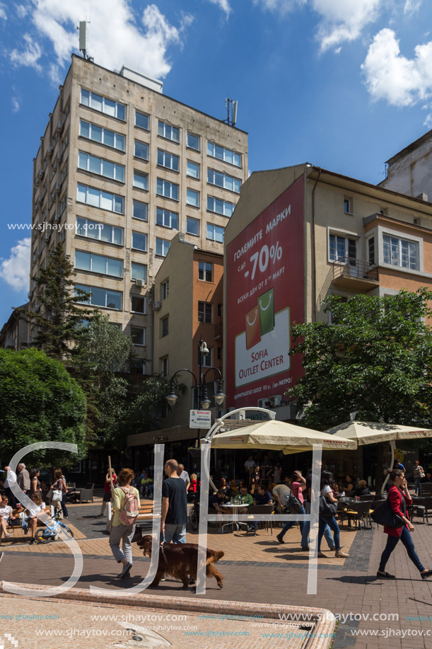 SOFIA, BULGARIA -MAY 20, 2018:  Walking people on Boulevard Vitosha in city of Sofia, Bulgaria